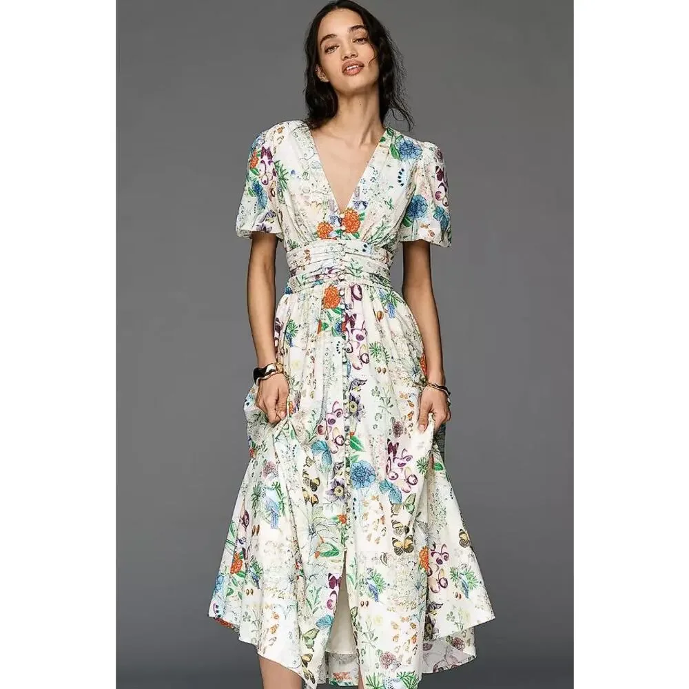 ANTHROPOLOGIE Women's The Katerina V-Neck Button-Front Dress Size M In Neutral - Picture 1 of 11